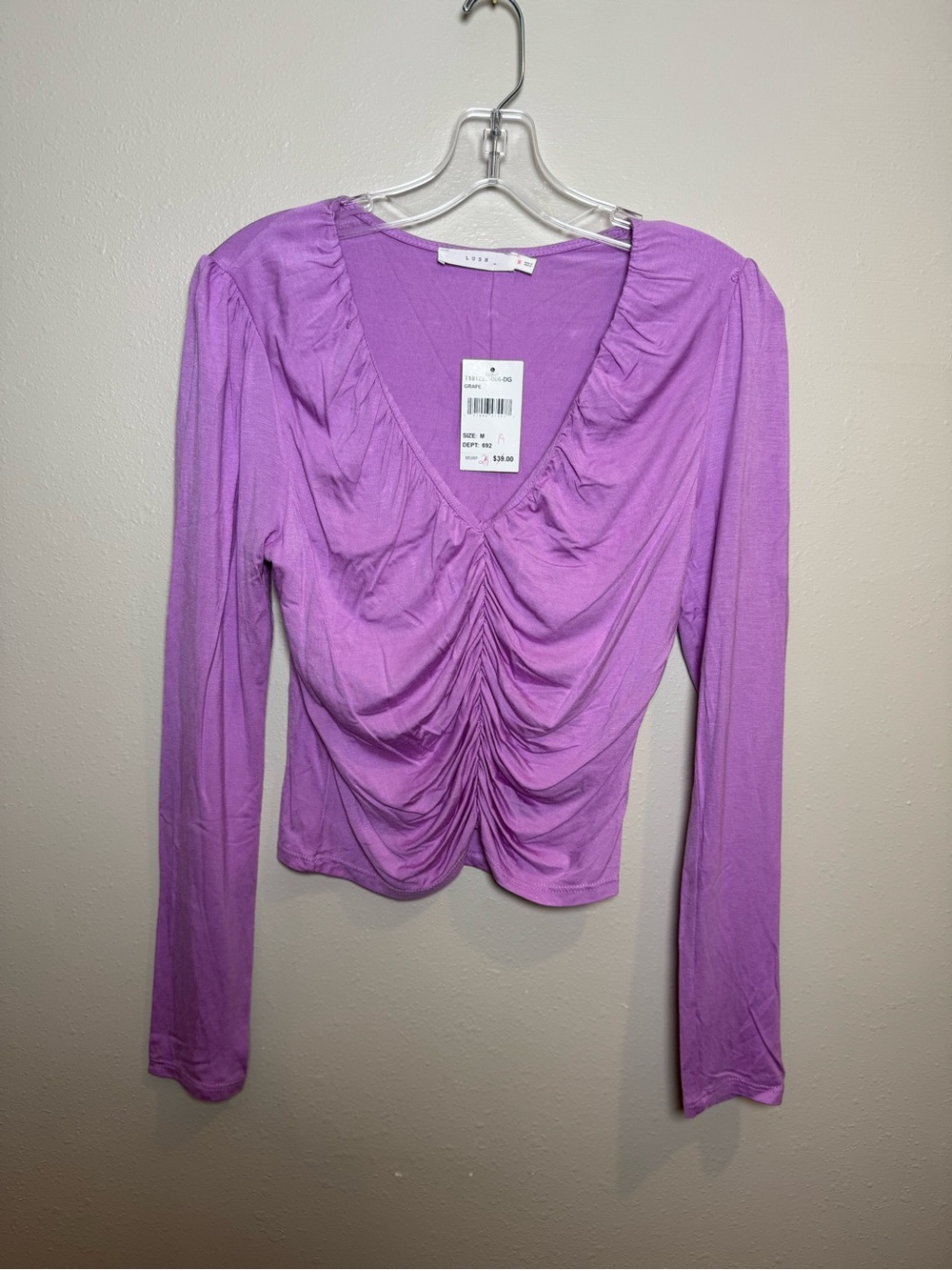 Y2K Inspired Style Lavender Ruched V-Neck Long Sleeve Top Lush Brand